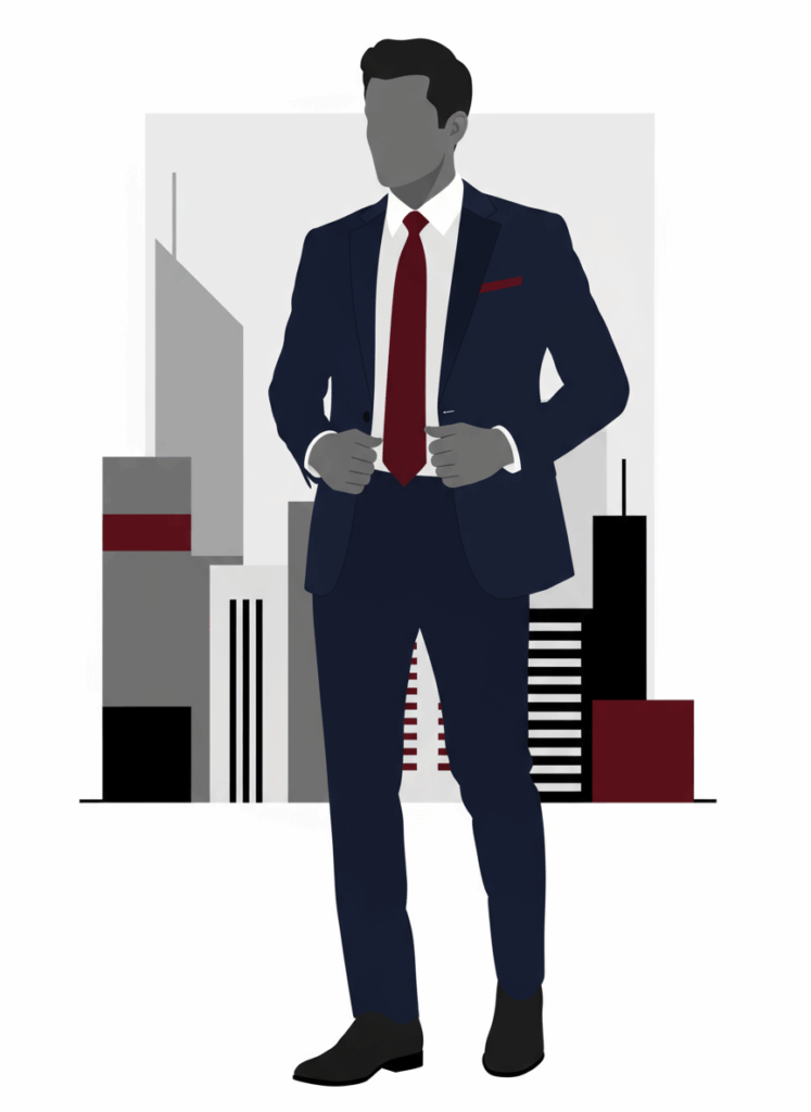 ネイビースーツ+白シャツ+赤系ネクタイ